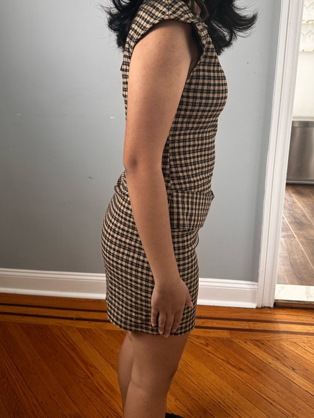 Zara Black and Tan Plaid Mini Dress with Waist Tie - Picture 8 of 9